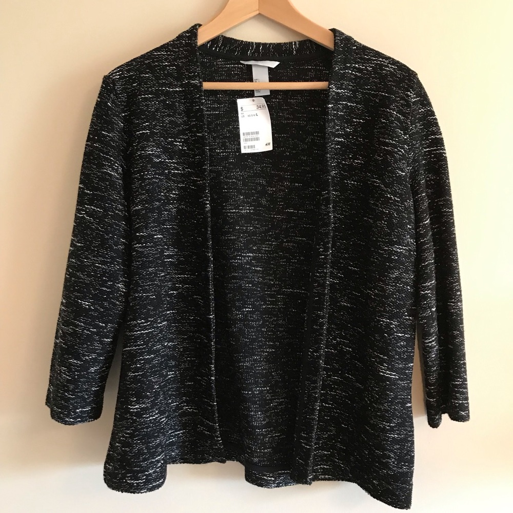 H&M lightweight sweater cardigan black with white specks.